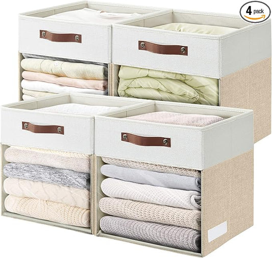 Bagnizer Storage Cubes, 4 Pack Linen Foldable Storage Bins (13 x 13 inch) with Clear Window and Handles, Fabric Organizer for Shelf Closet, Clothes, Books - (Beige and White)