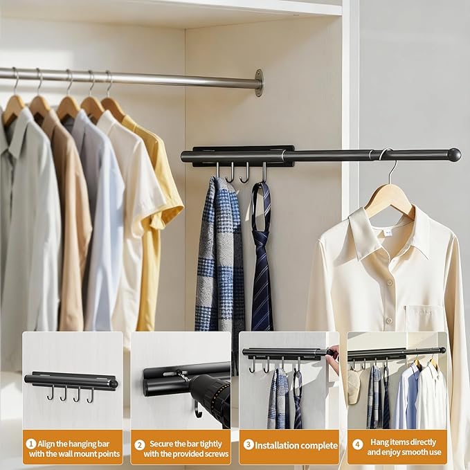 Lewondr Valet Rod for Closet Pull Out, 12" Adjustable Heavy Duty Extending Closet Rod, Valet Clothing Hanger Rods Extender for Wardrobe, Laundry Room, Bedroom, Bathroom, Black, 2 Pack