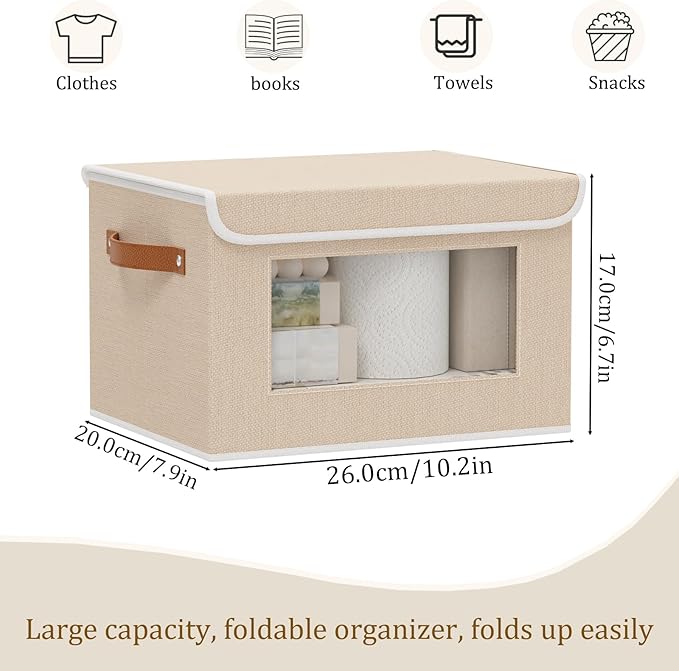 Foldable Storage Boxes with Lids, Linen Closet Organizers,10.2 x 7.8 x 6.7 Inch Storage Bins for Shelves with Handles, Beige, 3-Pack