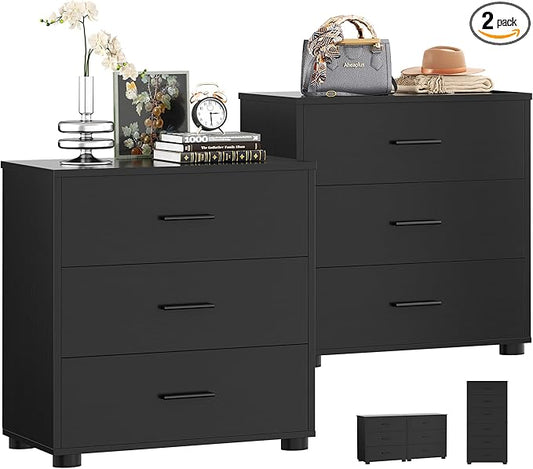 Aheaplus Closet Drawers Set of 2, Wood Closet Organizers and Storage with 3 Drawers, Closet Drawers Organizer System, Nightstands Bedside End Table with 3 Drawers Storage for Bedroom, Black