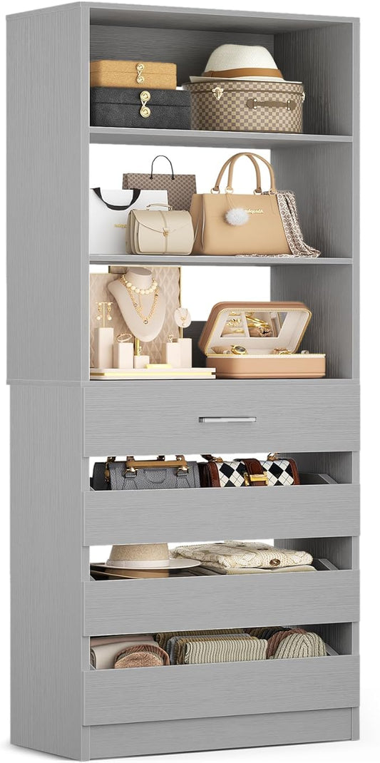 Aheaplus 21.3" Closet System with 4 Drawers, Wood Closet Organizer with Open Shelves, Modular Drawers System Tower, Walk-in Closet Small Wardrobe Rack, Tall Storage Cabinet Unit, Grey1
