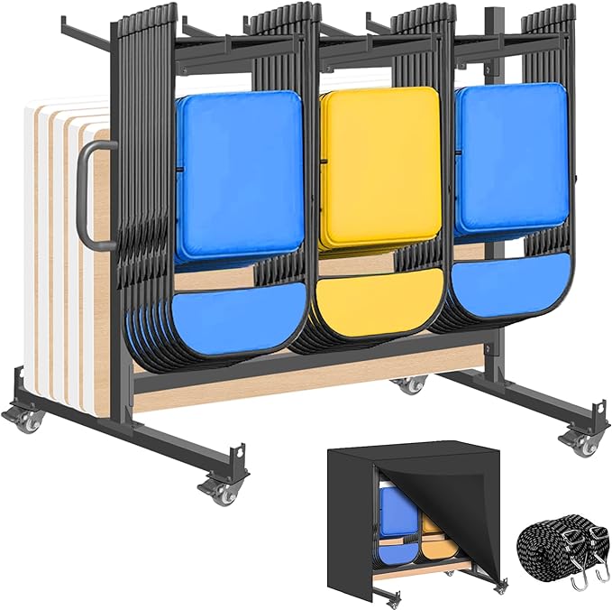 Folding Chair Racks for Storage, Heavy-Duty Folding Chair Cart with 550 LBS Capacity for 12 Tables or 42 Chairs, Multi-Function Chair Storage with Swivel Wheels, Dust Cover, 2 Binding Ropes