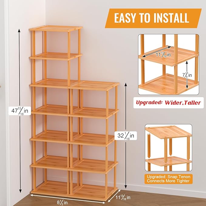 MHXW SXPN Bamboo Free Standing Shoe Rack Shelf Multi Tier Tall Wooden Stackable Shoes Rack Organizer for Closet Front Door Entrance Narrow Vertical Shoe Storage (Nature, 12 Tiers)