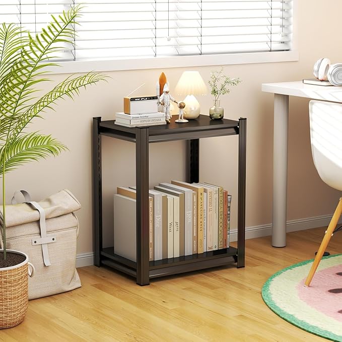 2 Tier Storage Shelves Small Shelves Metal Shelf Organizer Unit Adjustable Steel Shelving for Shop, Warehouse, Basement, Kitchen, Bedroom, Garage, Black, 16" W X 12" L X 22" H