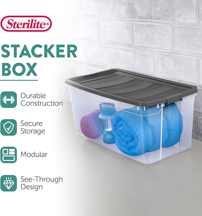 Sterilite 12-Pack Modular Stacker Box, Durable Clear Plastic Storage Bins with Latching Lids, 200 Quart - Stackable Organizing Container Boxes for Closet, Bathroom, and Office