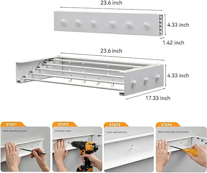 Wall Mounted Drying Rack with Hooks - Retractable Clothes Drying Rack with 4 Movable Hooks & 2 Knobs, 60LBS Heavy Duty Laundry Hanger, Foldable Wall Rack for Mudroom, Bathroom & Entryway