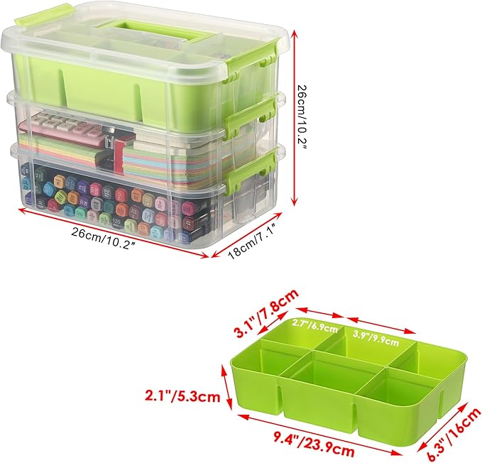 JUXYES 2 Pack 3-Tiers Stack Carry Storage Box With Divided Tray, Transparent Stackable Storage Bin With Handle Lid Latching Storage Container for School & Office Supplies, Green