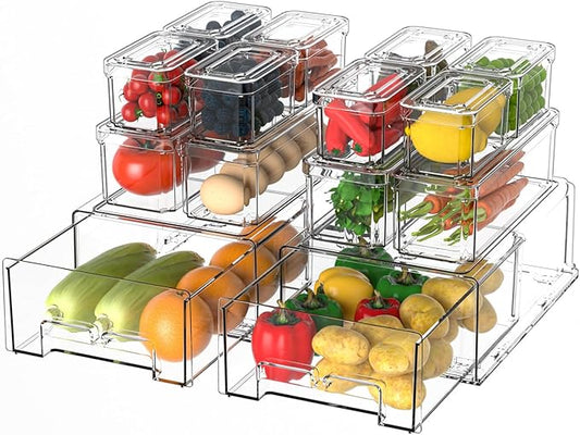 damynuo 14Pack Fridge Organizer Bins, Clear Refrigerator Organizing Containers with Lids and Refrigerator Drawers, Stackable Food, Vegetable and Fruit Containers for Fridge Organizers and Storage