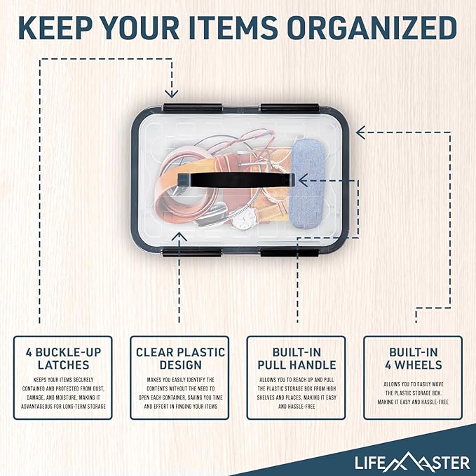 Lifemaster Stackable Storage Box Set - 6 Pieces 12 Quarts Multi-purpose, Space-Efficient Stackable Storage Boxes with Nestable Design, Secure Latches, Easy-Move Wheels & Pull-Out Base - Clear