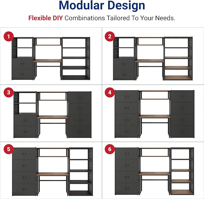 FLEXIMOUNTS Garage Storage Cabinet System, 3-in-1 Modular Metal Tool Cabinet w/Workbench and Metal Board Shelf Includes Pegboard, 24-Gauge Steel, 117"(L) w/ 4 Doors, Black, FLEXIMOD Series