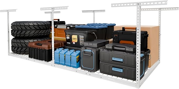 FLEXIMOUNTS 4x8 Overhead Garage Storage Rack, Adjustable Organization System, Heavy-Duty Metal Ceiling Racks, 750lbs Weight Capacity, White, Classic Series