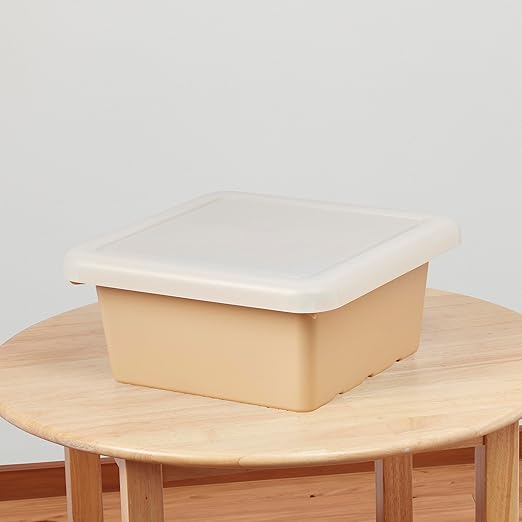 ECR4Kids Stackable Square Bins with Non-Snap Lids, Multipurpose Organization, Sand, 4-Pack