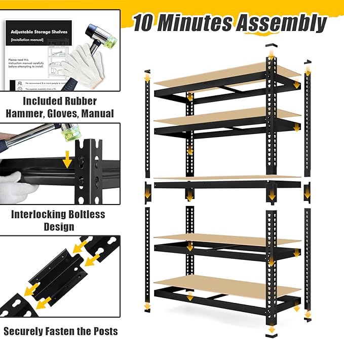 71" H x 35.5" W x 16" D 5-Tier Metal Storage Shelves: Heavy Duty Garage Shelving Adjustable Shelves for Storage - Black Utility Rack Shelf for Pantry, Warehouse, Office, Kitchen, 4PCS