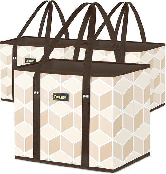 BALEINE 3Pk Reusable Grocery Bags, Foldable Shopping Bags for Groceries with Reinforced Bottom & Handles (Parallelogram)
