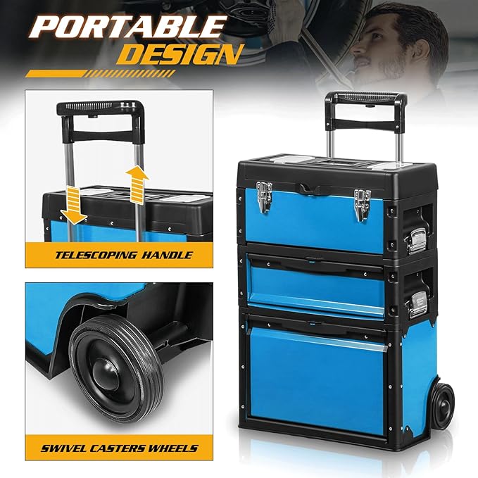 Magshion Heavy-Duty Rolling Tool Box, 3-Tier Stackable Tool Chest System with Wheels & Drawers, Modular Organizer for Small Parts and Tools, Mobile Garage Workshop Storage in Black/Blue