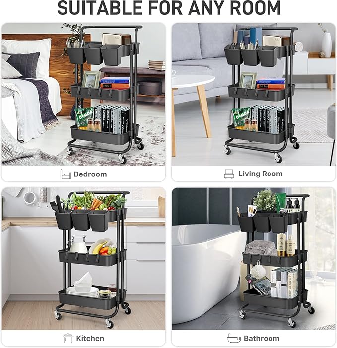 5 Pack Hanging Cup Holders, Multipurpose Rolling Cart Accessories Utility Cart Accessories For Art Craft Supplies, Space Saving Hanging Storage Basket Pencil Holder Makeup Organizers (Black)