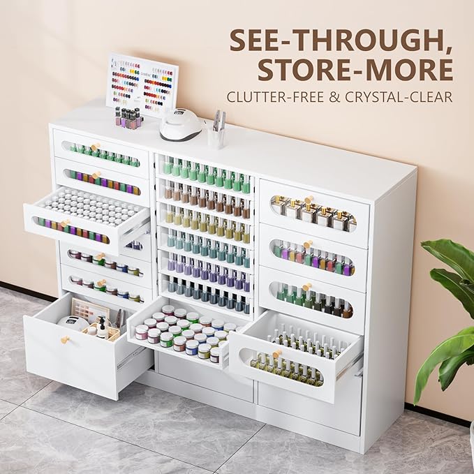 OmySalon Nail Polish Organizer Cabinet with Drawers, 47.2" L Large Nail Salon Storage for Polish & Powder, 7 Clear & 10 Visual Drawers, Wooden Beauty Salon Furniture (White)