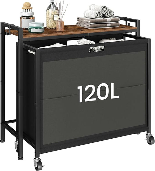 CHOEZON Laundry Sorter, Laundry Hamper with Storage Shelf, Mobile 2-in-1 Basket Organizer, 120 L Rolling Hamper, Large Bags and Movable Wheels, Metal Frame, Rustic Brown and Black TXY01BF
