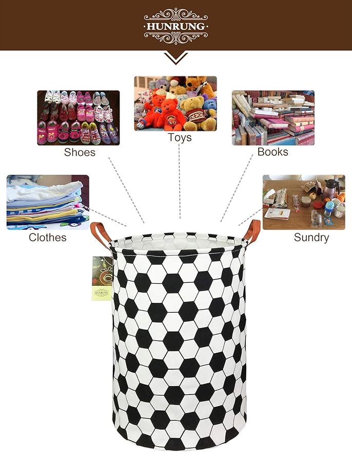 HUNRUNG Collapsible Fabric Storage Basket, Waterproof Laundry Hamper with Handles, Round Storage Bin for Clothes Toys, Foldable Organizer for Bedroom Nursery Bathroom(Roud-Football)