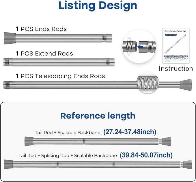Tension Rods for Windows 28 to 48 Inch 2Pack Silver Tension Curtain Rods No Drilling Expandable Pressure Curtain Rod Adjustable Tension Rods for Windows,Closet,Doorway