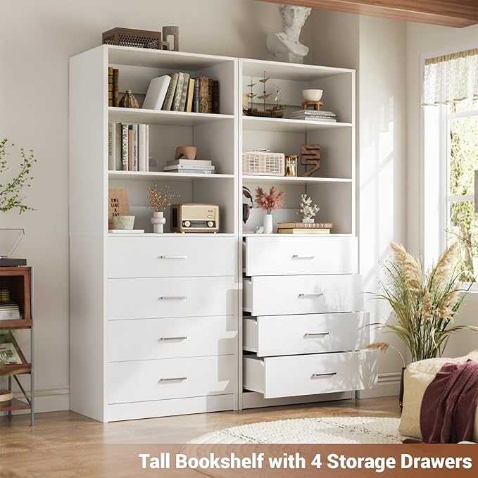 Aheaplus Closet Drawers Organizer System, 3.54FT Wood Closet System with 4 Drawers, Modular Walk-in Closets Storage Unit, Tall Bookshelf Storage Cabinet, White (2 Packs)
