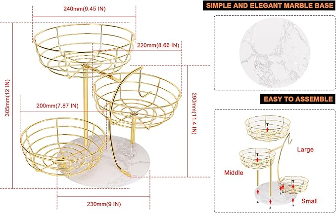 Livabber Fruit Basket Bowl with Banana Hanger, Metal Fruit Vegetable Storage Basket with Banana Holder for Kitchen Counter, Detachable Organizer for Bread Snack Produce (Gold, 3-Tier Marble Base)