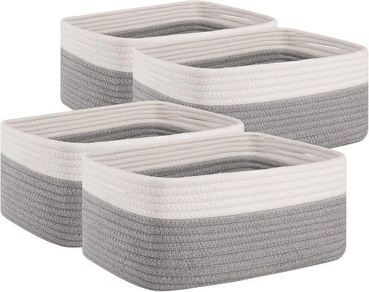 OIAHOMY 4 Pack Storage Baskets for Organizing, Small Bins for Shelves, Cute Decorative Storage Bins, Organizer Baskets for Gifts Empty,13''Lx8.7''Wx5.1''H, Grey/White