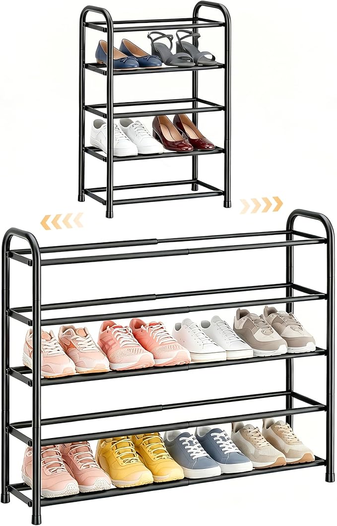 ENJOYBASICS Expandable Shoe Rack, 32.8'' Wide - 5 Tier Adjustable Shoe Organizer Shelf for Closet, 20 Pairs Black Metal Free Standing Shoe Rack Storage for Garage, Entryway