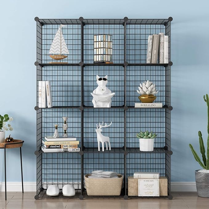 KOUSI 14"x14" Wire Cube Storage, Metal Grid Organizer, 12-Cube Modular Shelving Unit, Stackable Bookcase, Ideal for Living Room, Bedroom, Office, Garage