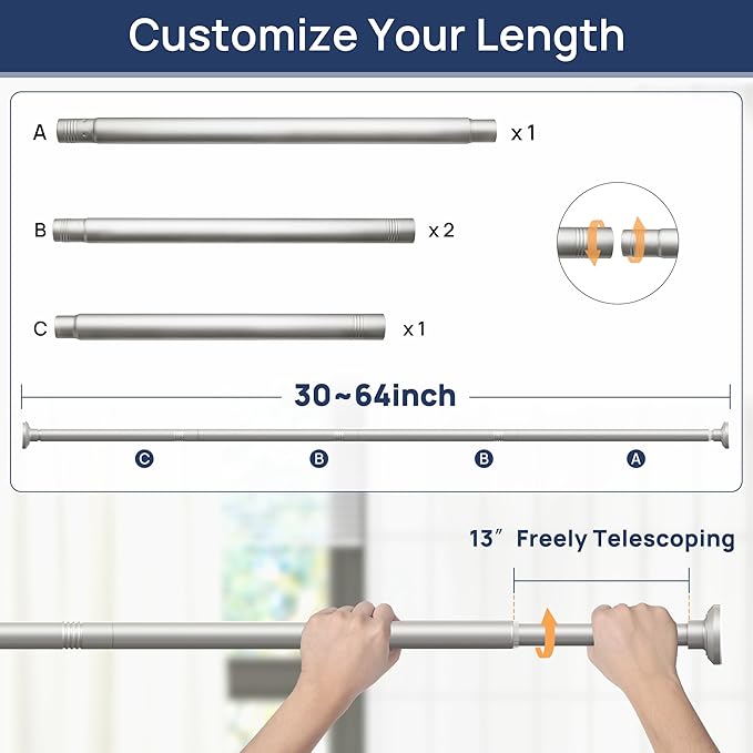 ENJOYBASICS Shower Curtain Rod 30 to 64 Inches, 1 Inch Stainless Steel Adjustable Spring Tension Rods No Drill for Bathroom, Closet, Window, Room Divider, Never Rust, Non Slip, Nickel