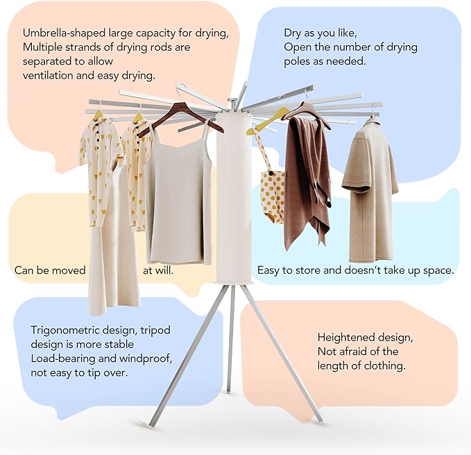LIENAHU Clothes Drying Rack,Drying Rack Clothing,Laundry Drying Rack,Floor Standing,16 Aluminium Poles,Collapsible,Retractable,Foldable,Folding Laundry Rack