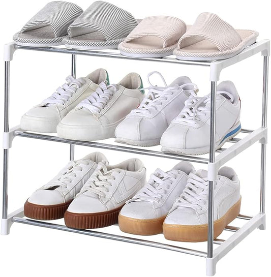 Jucaifu Stackable Small Shoe Rack, Entryway, Hallway and Closet Space Saving Storage and Organization (3-Tier, White)