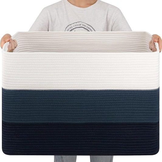 OIAHOMY 108L Super Large Blanket Basket, 25”x16”x16” Rectangle Woven Baskets for Storage, Cotton Rope Basket For Living Room, Toy Storage with Handle - Gradient Blue