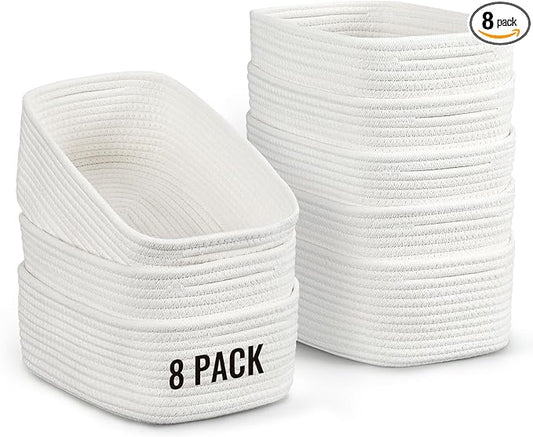 8 Pack Small Storage Baskets for Organizing, Woven Rope Bins for Bathroom, Closet, Shelf Organizer, Cute Cube Decorative Box for Towels, Baby Nursery, Toys, Gift Empty Baskets - 11.5"x7.5"x4.7"-White