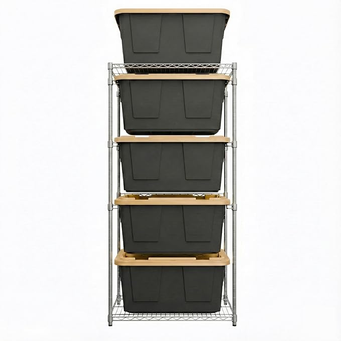 MonsterRAX 5-Tier Side-Load Heavy Duty Garage Slide Bin Storage Rack for 27-Gallon Totes. Industrial metal organization, 250lb capacity, NSF Certified. (Bins not included) (Black) (Silver)