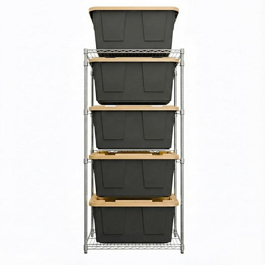 MonsterRAX 5-Tier Side-Load Heavy Duty Garage Slide Bin Storage Rack for 27-Gallon Totes. Industrial metal organization, 250lb capacity, NSF Certified. (Bins not included) (Black) (Silver)