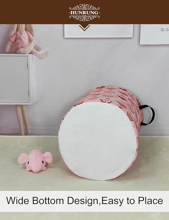 HUNRUNG Collapsible Fabric Storage Basket, Waterproof Laundry Hamper with Handles, Round Storage Bin for Clothes Toys, Foldable Organizer for Bedroom Nursery Bathroom(Round-Pink Love Heart)