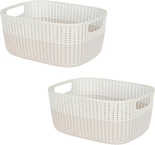Simplify 2 Pack 2 Tone Sailor Knot Plastic Storage Tote | Decorative Basket | Closet Organization | De-clutter | Accessories | Toys | Bathroom Organization | Large | Ivory