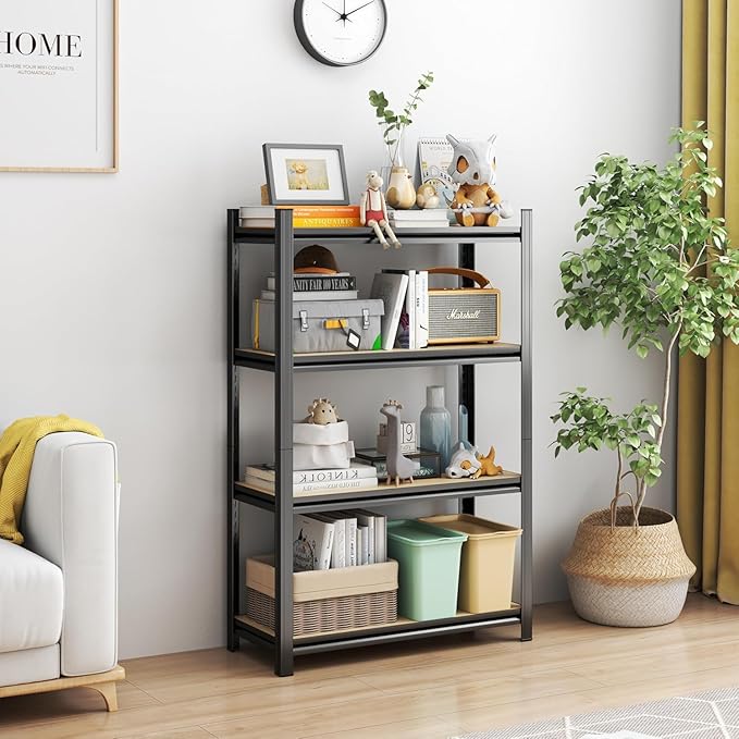 45.7H'' Storage Shelves Adjustable Shelving Unit Wood, 4-Tier Storage Shelves Heavy Duty Shelf Organizer Industrial Shelves for Warehouse Basement Kitchen Pantry Commercial, Black