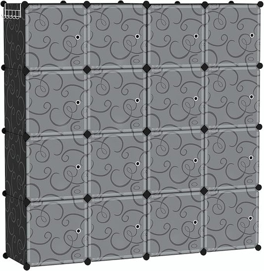 C&AHOME Cube Storage Organizer, 16-Cube Storage Shelving with Doors, Modular Book Shelf, Plastic Shelves Organizing Units, Ideal for Bedroom Living Room 48.4" L × 12.4" W × 48.4" H Black SHS3016B-DOOR