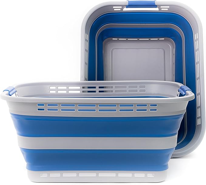 SAMMART 42L (11 gallons) Collapsible Plastic Laundry Basket - Portable Pop Up Storage Container/Organizer - Portable Hamper - Space Saving Easy Storage (Grey/Mist Blue (Set of 2))