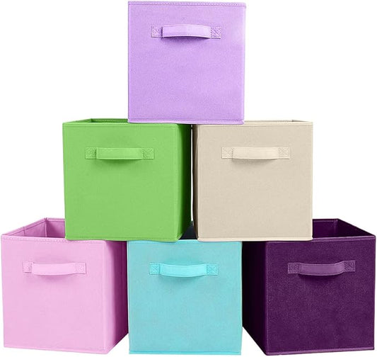 PowerKing Collapsible Storage Cubes with Handles, Fabric Foldable Bins for Closet Shelves, Durable Organization Storage Bins, 10.5'' x 11'' x 10.5'' (6 Colors, 6Pack)