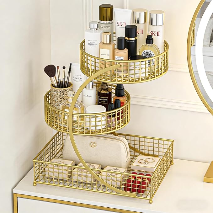 3-Tier Metal Multi-Functional Organizer Basket | Makeup, Skincare, Fruit & Spice Storage Rack | Countertop Vanity, Bathroom & Kitchen Organizer Holder | Stylish Black Wire Shelf (Golden)