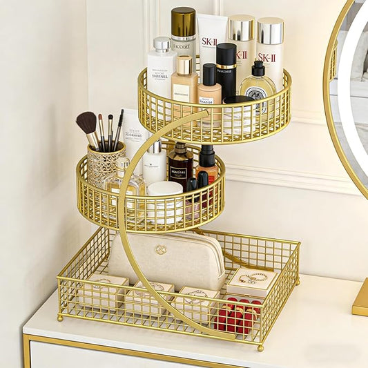 3-Tier Metal Multi-Functional Organizer Basket | Makeup, Skincare, Fruit & Spice Storage Rack | Countertop Vanity, Bathroom & Kitchen Organizer Holder | Stylish Black Wire Shelf (Golden)