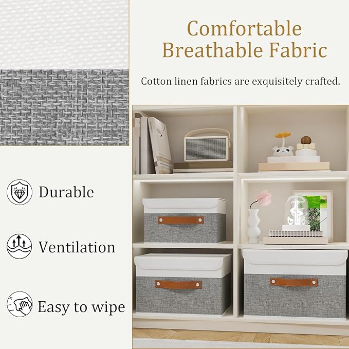 OUTBROS Collapsible Storage Cubes with Lid, Linen Fabric Wardrobe Baskets, Large Box For Towels, Clothes, 15 x 9.8 x 9.8 inch (White/Grey, 1-Pack)