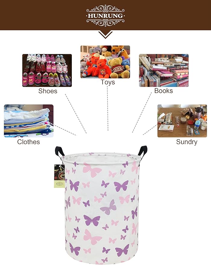 HUNRUNG Collapsible Fabric Storage Basket, Waterproof Laundry Hamper with Handles, Round Storage Bin for Clothes Toys, Foldable Organizer for Bedroom Nursery Bathroom(Round-Purple Butterfly)