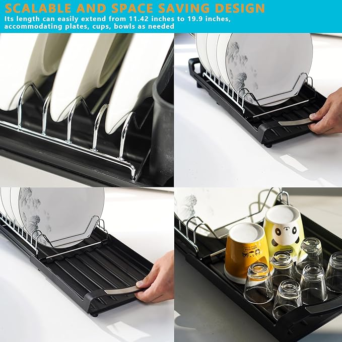 Over The Sink Dish Drying Rack, Adjustable Expandable Kitchen Sink Organizer (11.42-19.9 Inch), Heavy Duty Metal Dish Drainer with Utensil Holder, Space Saving, Black