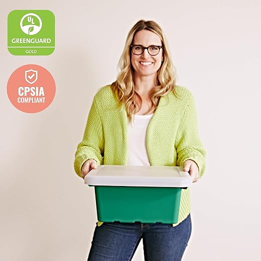 ECR4Kids Stackable Square Bins with Non-Snap Lids, Multipurpose Organization, Green, 4-Pack