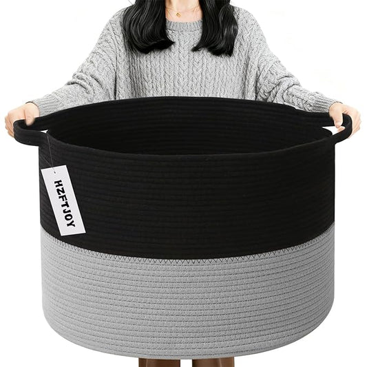 90L Large Blanket Basket, 21.7"x 21.7"x 13.8" Rope Woven Storage Basket with Handles, Laundry Hamper for Toys,Clothes,Pillows & Towels,Perfect for Living Room,Bedroom,Black&Light Grey