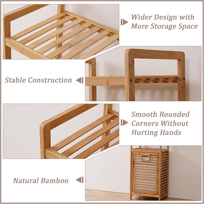 Baveke Bamboo Laundry Hamper with 3 Tier Shelves & Tilt Out Basket, Laundry Baskets Organizer Hampers Bathroom Storage Shelf for Laundry Room, Bathroom, Guest Room（3-Tier, Large）